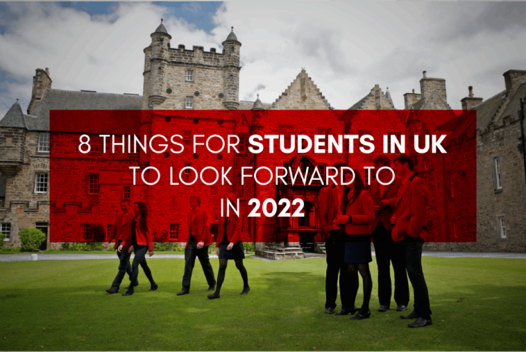 British students outside a university with the text saying 8 things for students to look forward to in 2022